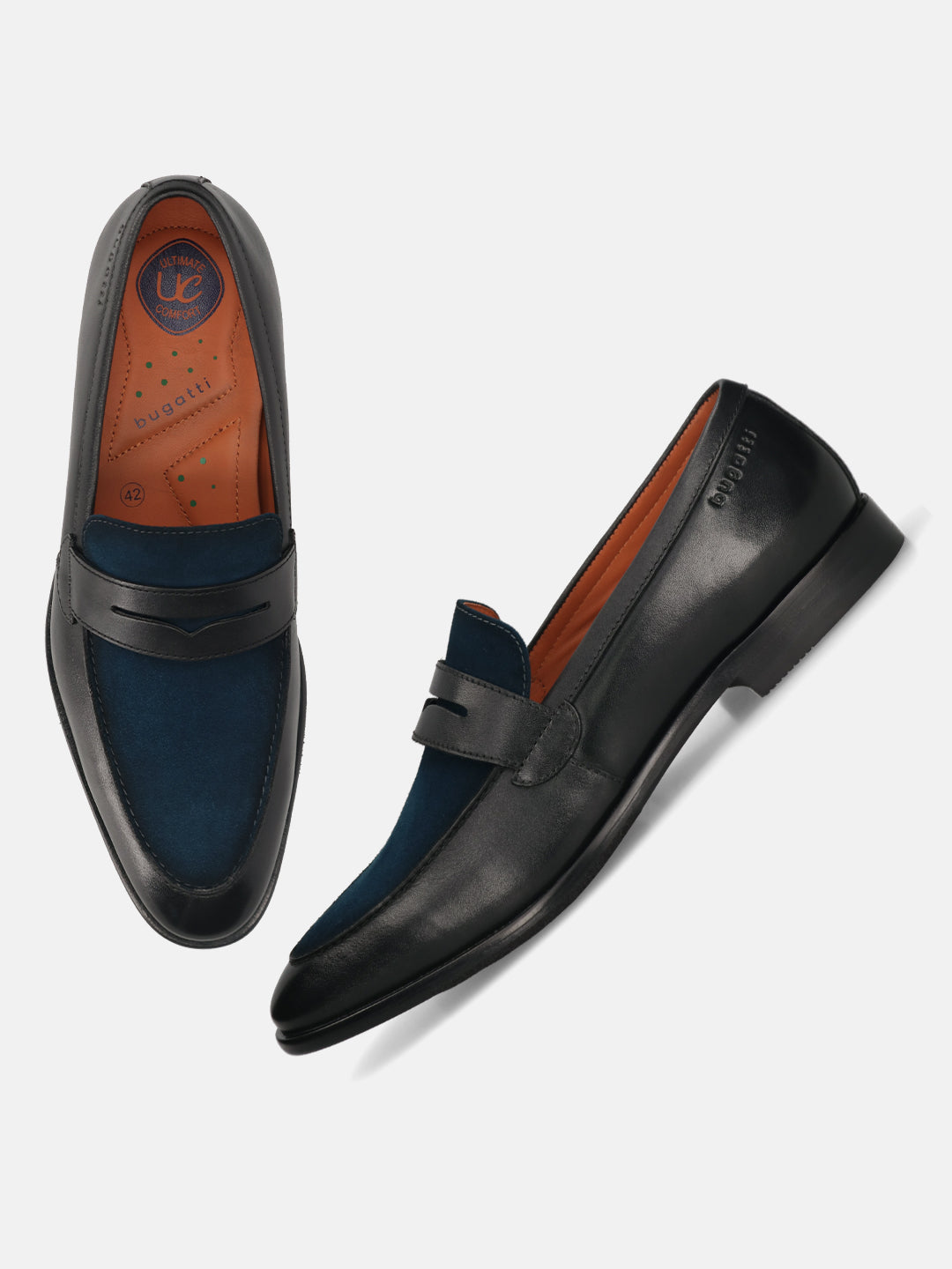 Men's Bugatti penny loafer black leather shoes with a round toe and apron toe featuring a stacked heel , a leather outsole.