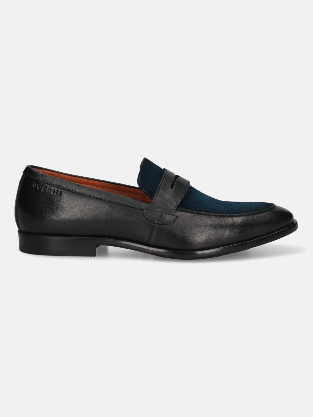 Men's Bugatti penny loafer black leather shoes with a round toe and apron toe featuring a stacked heel , a leather outsole.