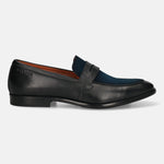 Men's Bugatti penny loafer black leather shoes with a round toe and apron toe featuring a stacked heel , a leather outsole.
