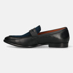 Men's Bugatti penny loafer black leather shoes with a round toe and apron toe featuring a stacked heel , a leather outsole.