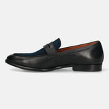 Men's Bugatti penny loafer black leather shoes with a round toe and apron toe featuring a stacked heel , a leather outsole.