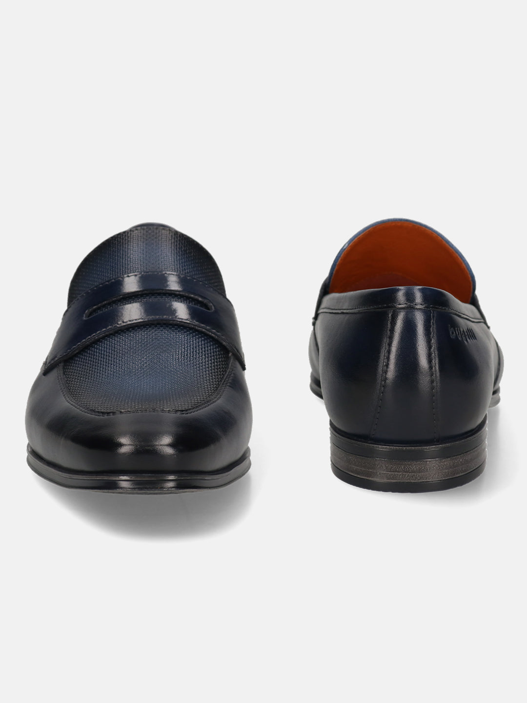 Men's Bugatti penny loafer black leather shoes with a round toe and apron toe featuring a stacked heel , a leather outsole.