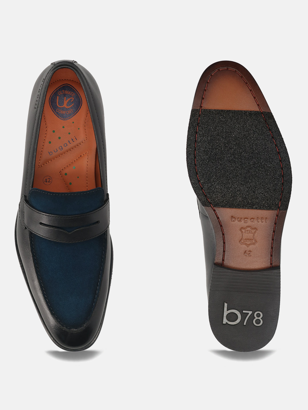 Men's Bugatti penny loafer black leather shoes with a round toe and apron toe featuring a stacked heel , a leather outsole.