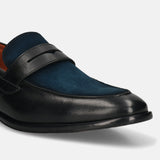 Men's Bugatti penny loafer black leather shoes with a round toe and apron toe featuring a stacked heel , a leather outsole.