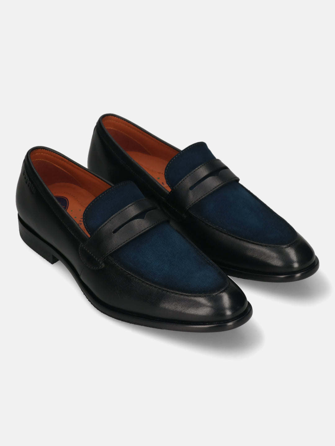 Men's Bugatti penny loafer black leather shoes with a round toe and apron toe featuring a stacked heel , a leather outsole.