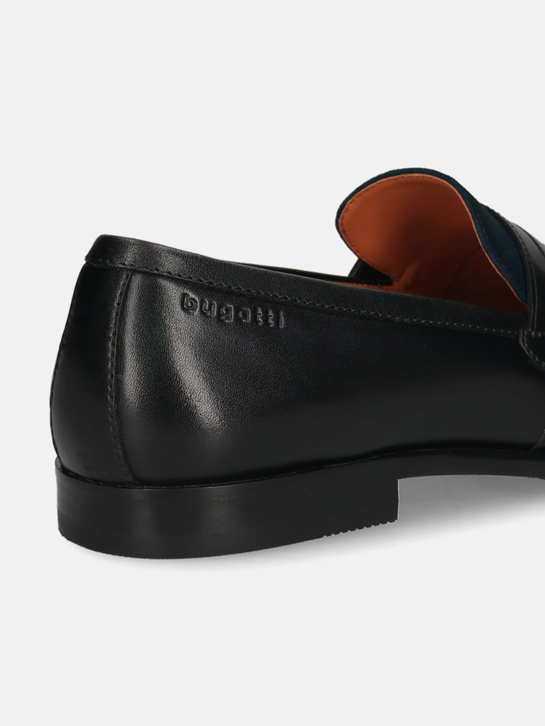 Men's Bugatti penny loafer black leather shoes with a round toe and apron toe featuring a stacked heel , a leather outsole.