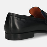Men's Bugatti penny loafer black leather shoes with a round toe and apron toe featuring a stacked heel , a leather outsole.