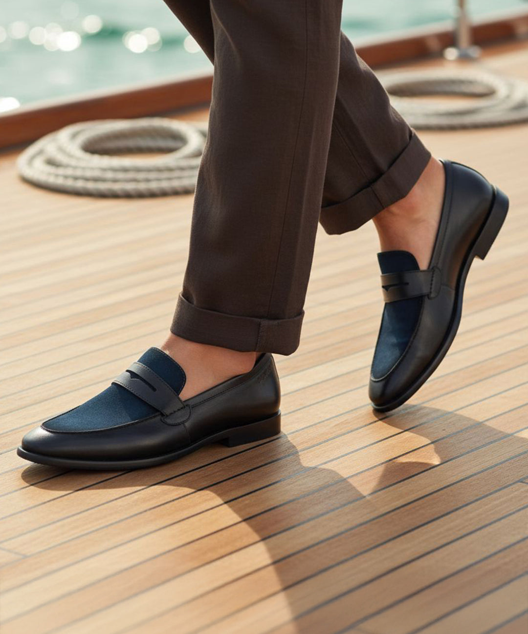 bugatti Rico black premium leather comfort penny loafers with blue accent on a boat deck.