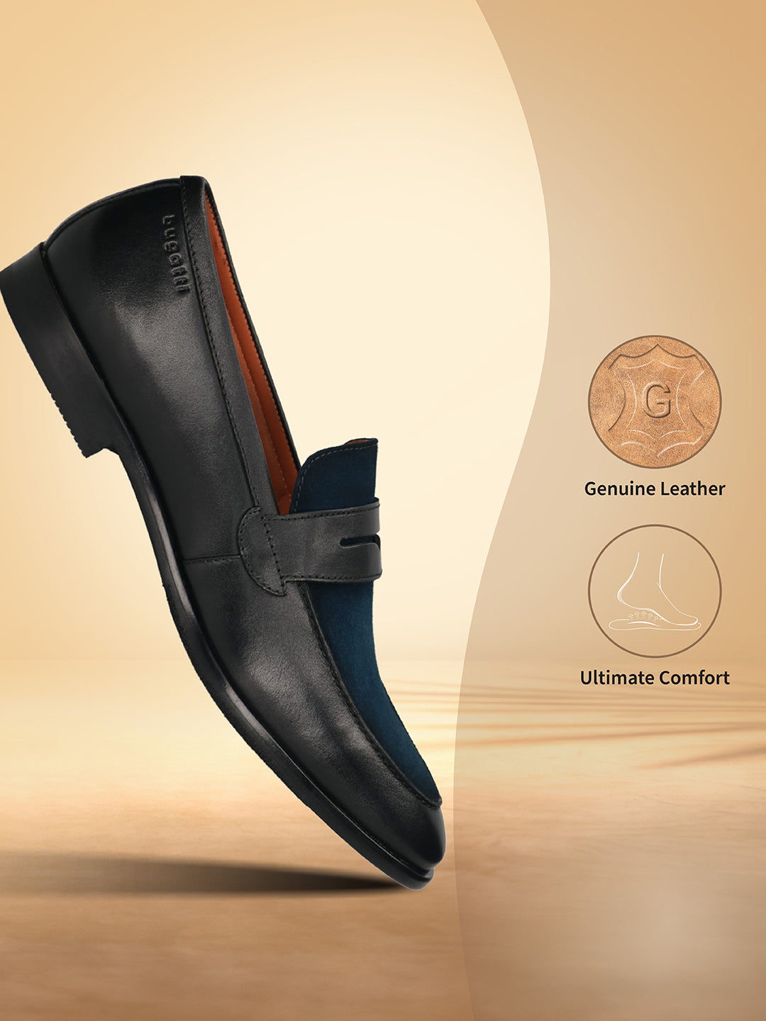 Men's Bugatti penny loafer black leather shoes with a round toe and apron toe featuring a stacked heel , a leather outsole.
