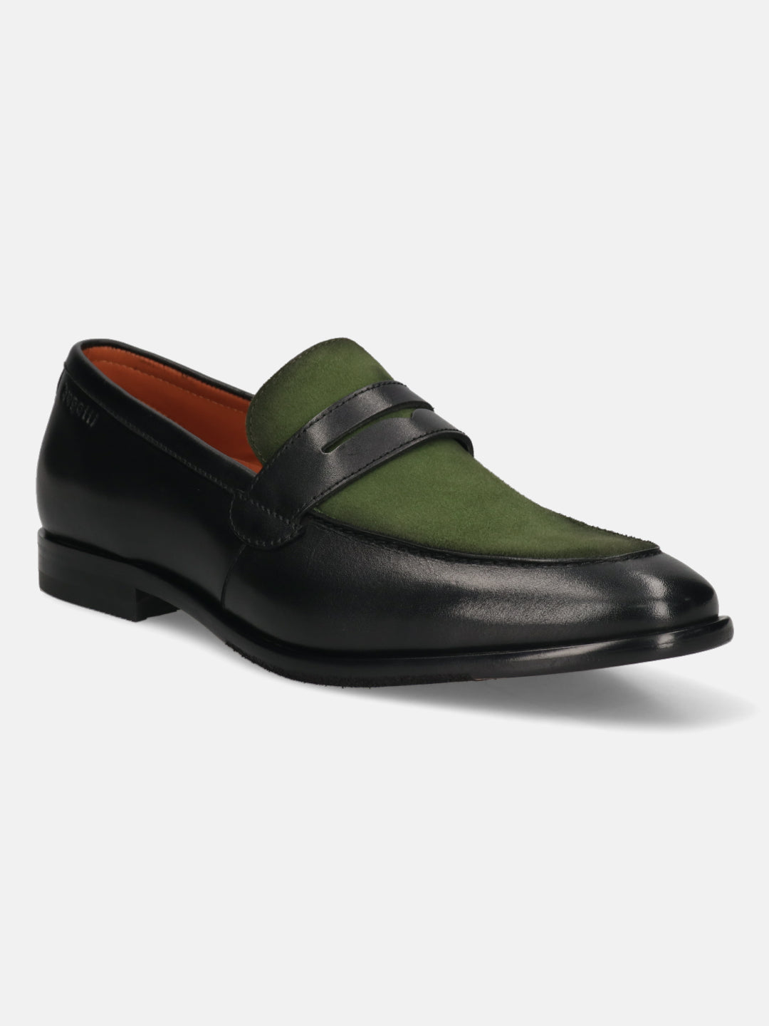 Men's Bugatti penny loafer black leather shoes with a round toe and apron toe featuring a stacked heel , a leather outsole.
