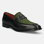 Men's Bugatti penny loafer black leather shoes with a round toe and apron toe featuring a stacked heel , a leather outsole.