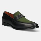 Men's Bugatti penny loafer black leather shoes with a round toe and apron toe featuring a stacked heel , a leather outsole.