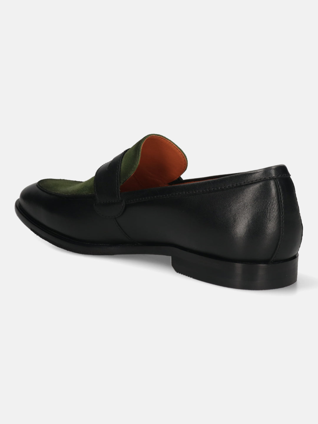Men's Bugatti penny loafer black leather shoes with a round toe and apron toe featuring a stacked heel , a leather outsole.