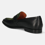 Men's Bugatti penny loafer black leather shoes with a round toe and apron toe featuring a stacked heel , a leather outsole.