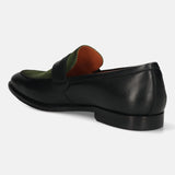 Men's Bugatti penny loafer black leather shoes with a round toe and apron toe featuring a stacked heel , a leather outsole.