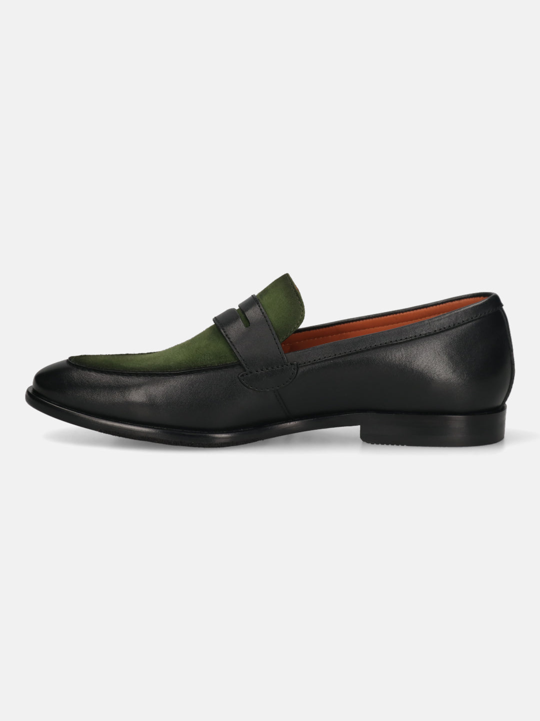 Men's Bugatti penny loafer black leather shoes with a round toe and apron toe featuring a stacked heel , a leather outsole.