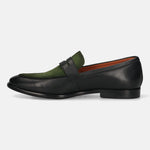 Men's Bugatti penny loafer black leather shoes with a round toe and apron toe featuring a stacked heel , a leather outsole.