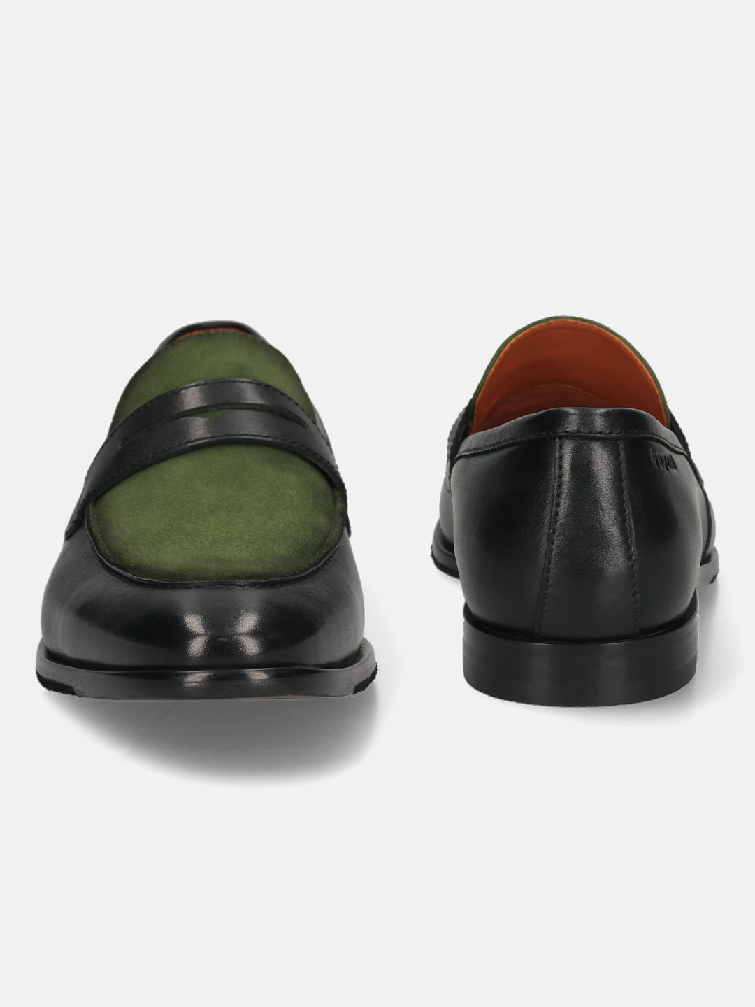 Men's Bugatti penny loafer black leather shoes with a round toe and apron toe featuring a stacked heel , a leather outsole.