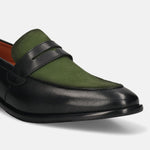 Men's Bugatti penny loafer black leather shoes with a round toe and apron toe featuring a stacked heel , a leather outsole.
