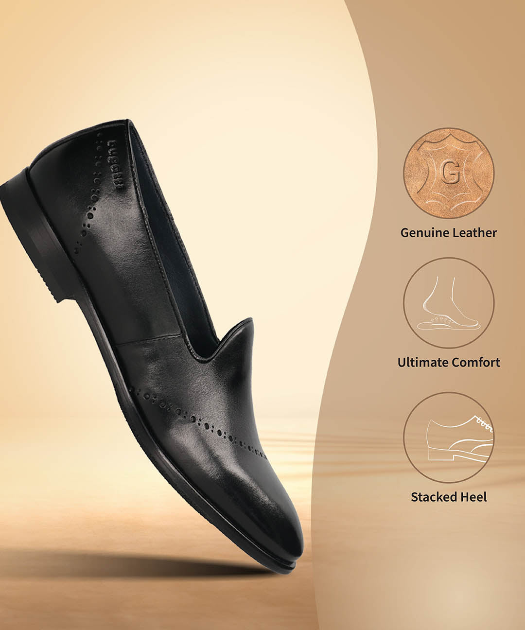 A black Men's bugatti Venetian Loafers featuring a round toe plain toe, stacked heel. Made from premium genuine leather with a durable leather outsole, this slip-on design offers both style and comfort.