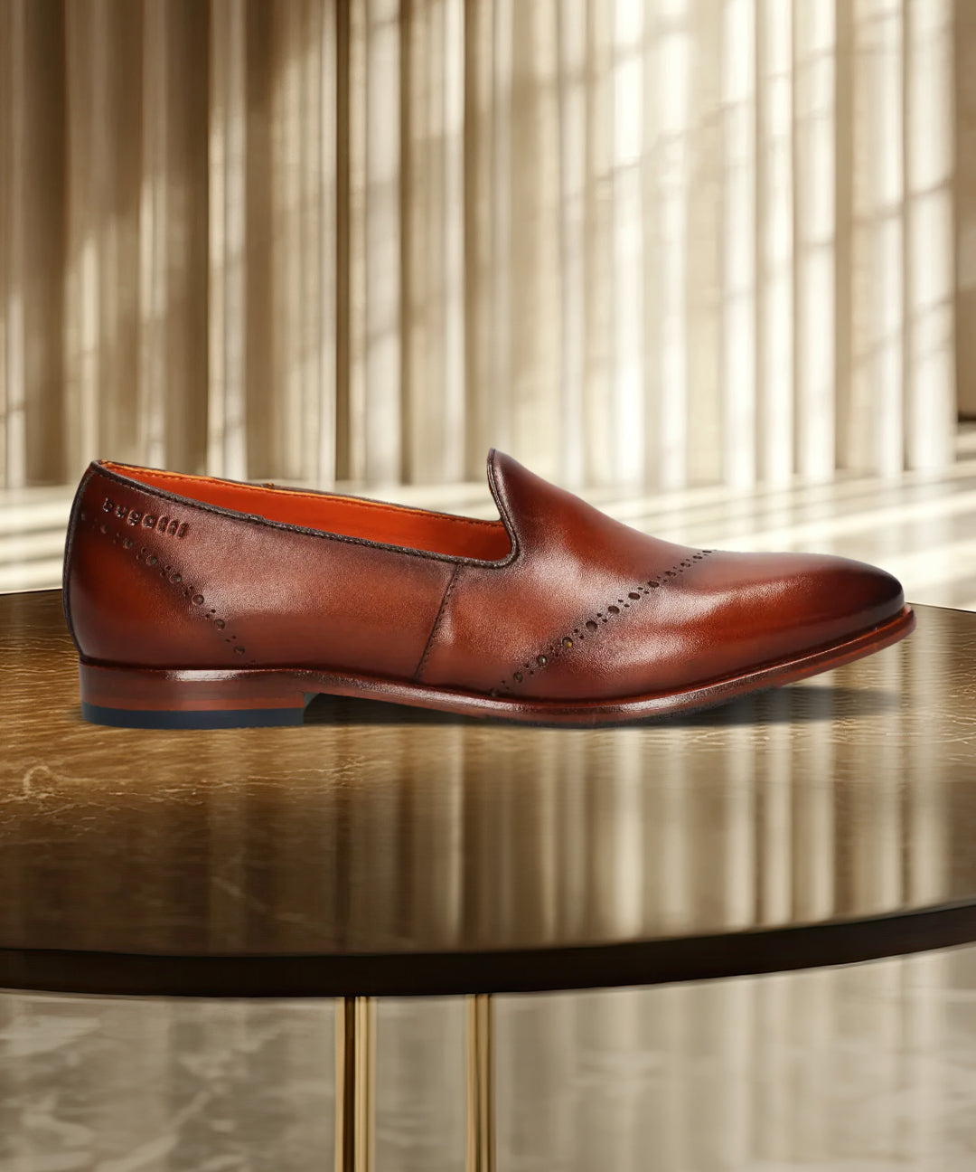 A cognac Men's bugatti Venetian Loafers featuring a round toe plain toe, stacked heel. Made from premium genuine leather with a durable leather outsole, this slip-on design offers both style and comfort.
