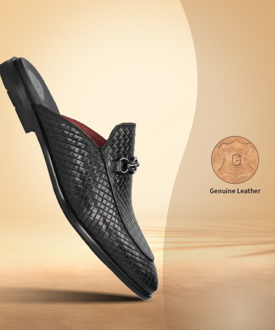 A black Men's bugatti Mules featuring a round toe apron toe, stacked heel. Made from premium genuine leather with a durable leather outsole, this slip-on design offers both style and comfort.