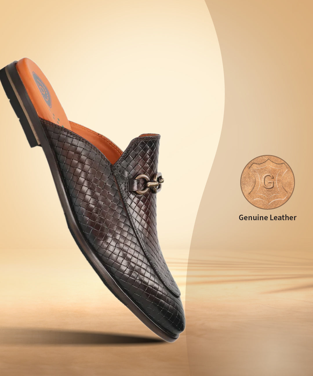 A brown Men's bugatti Mules featuring a round toe apron toe, stacked heel. Made from premium genuine leather with a durable leather outsole, this slip-on design offers both style and comfort.