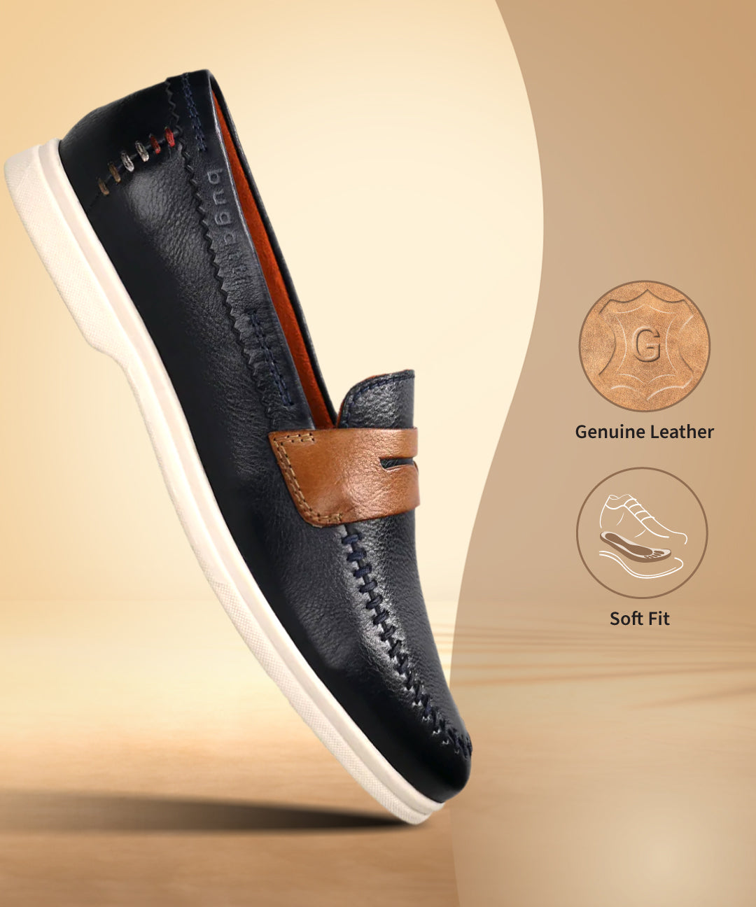Bugatti Sandiago dark blue leather slip-on shoe with brown accent strap and white sole.
