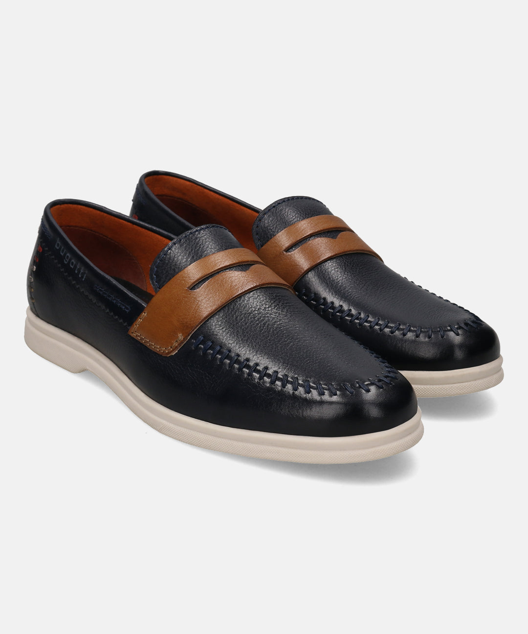 Blue leather slip-on shoes by bugatti, featuring a brown leather strap and white soles.