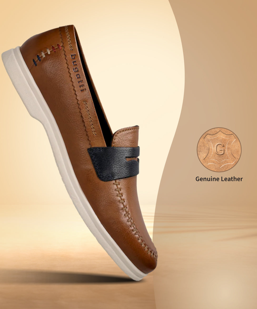 bugatti cognac brown leather slip-on shoe with black strap and white sole.

