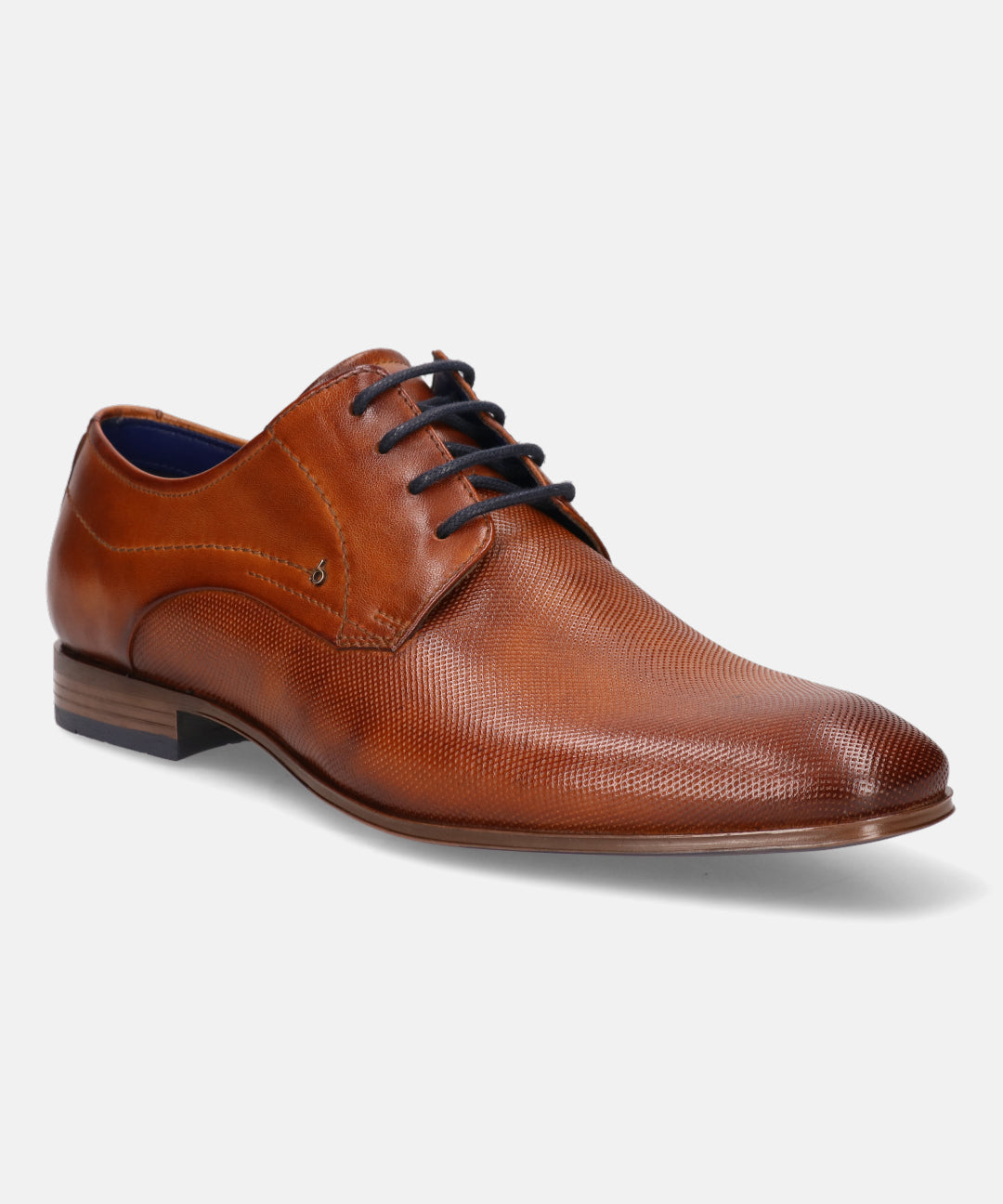 A cognac Men's bugatti Derby featuring a round toe medallion toe, stacked heel. Made from premium genuine leather with a durable high quality synthetic outsole, this laces design offers both style and comfort.
