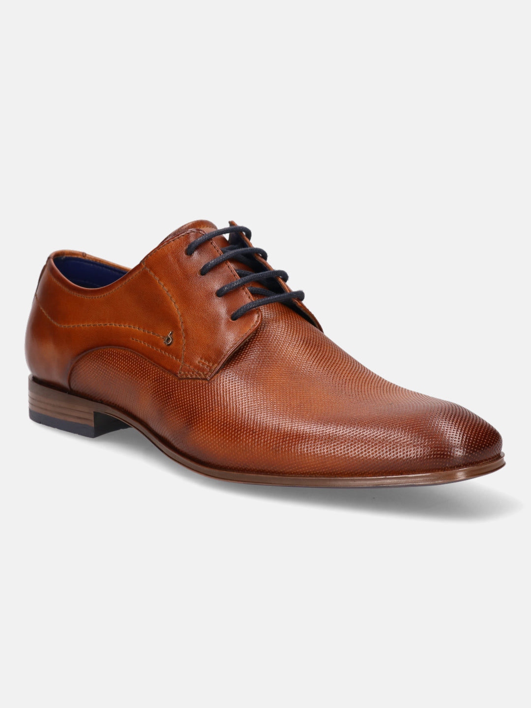 A cognac Men's bugatti Derby featuring a round toe medallion toe, stacked heel. Made from premium genuine leather with a durable high quality synthetic outsole, this laces design offers both style and comfort.