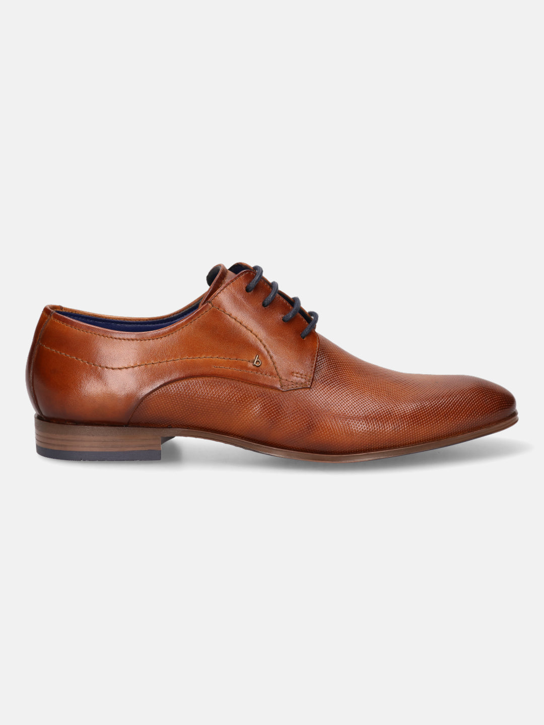 A cognac Men's bugatti Derby featuring a round toe medallion toe, stacked heel. Made from premium genuine leather with a durable high quality synthetic outsole, this laces design offers both style and comfort.