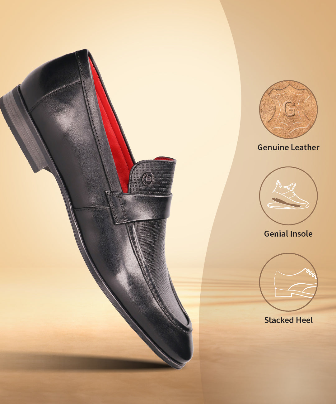 Black leather penny loafer by bugatti with a textured vamp and a red interior.