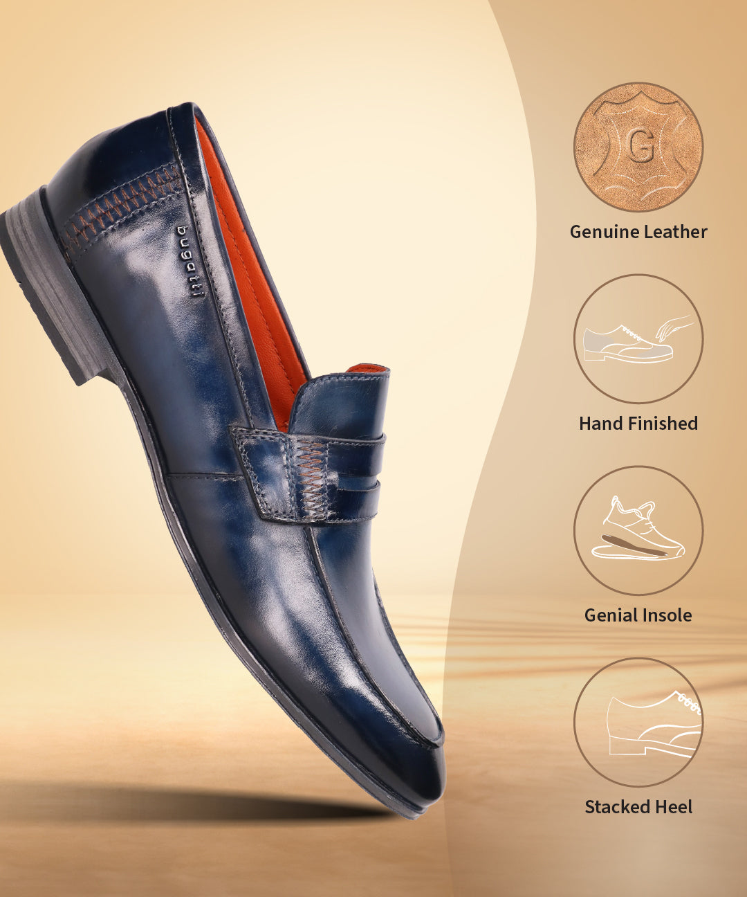 Blue premium leather penny loafer by bugatti with orange interior lining and stacked heel.