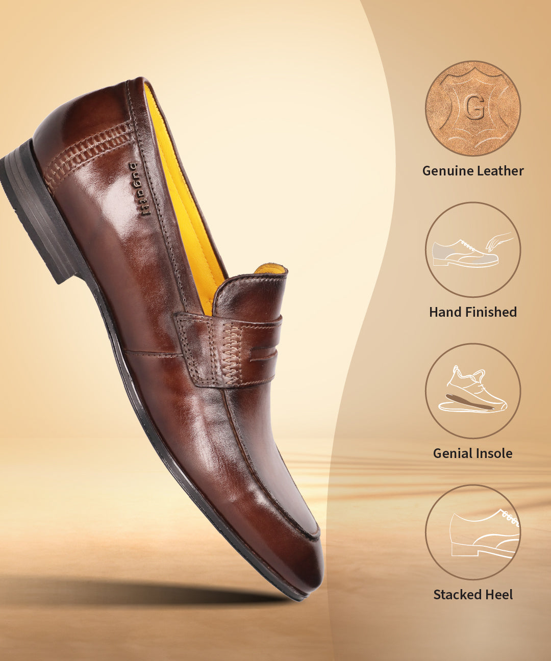 A brown Men's bugatti Penny Loafer featuring a round apron toe, moulded  heel. Made from premium genuine leather with a durable high quality synthetic outsole, this slip-on design offers both style and comfort.