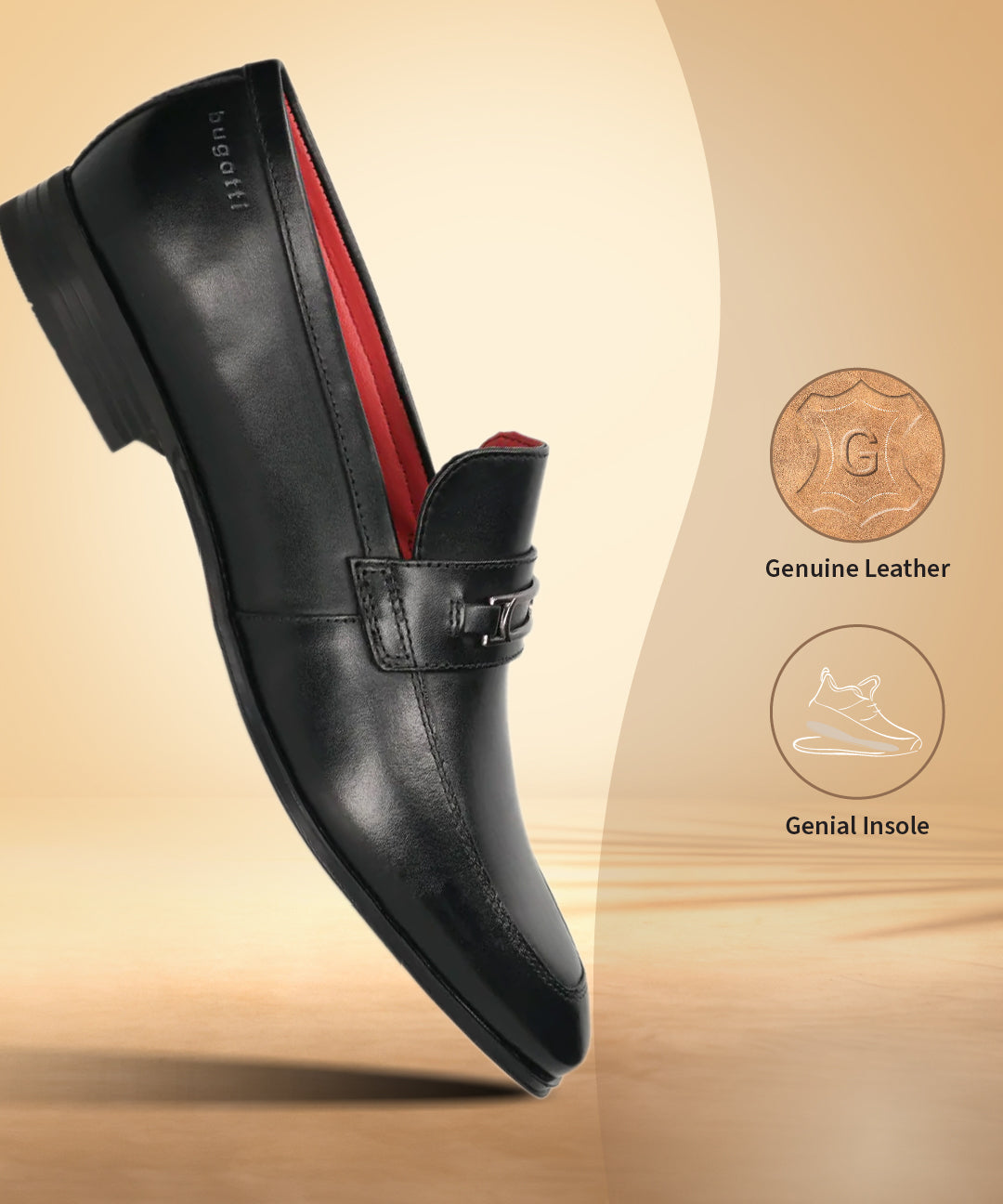A black Men's bugatti Bit Loafer featuring a round toe apron toe, moulded  heel. Made from premium genuine leather with a durable high quality synthetic outsole, this slip-on design offers both style and comfort.