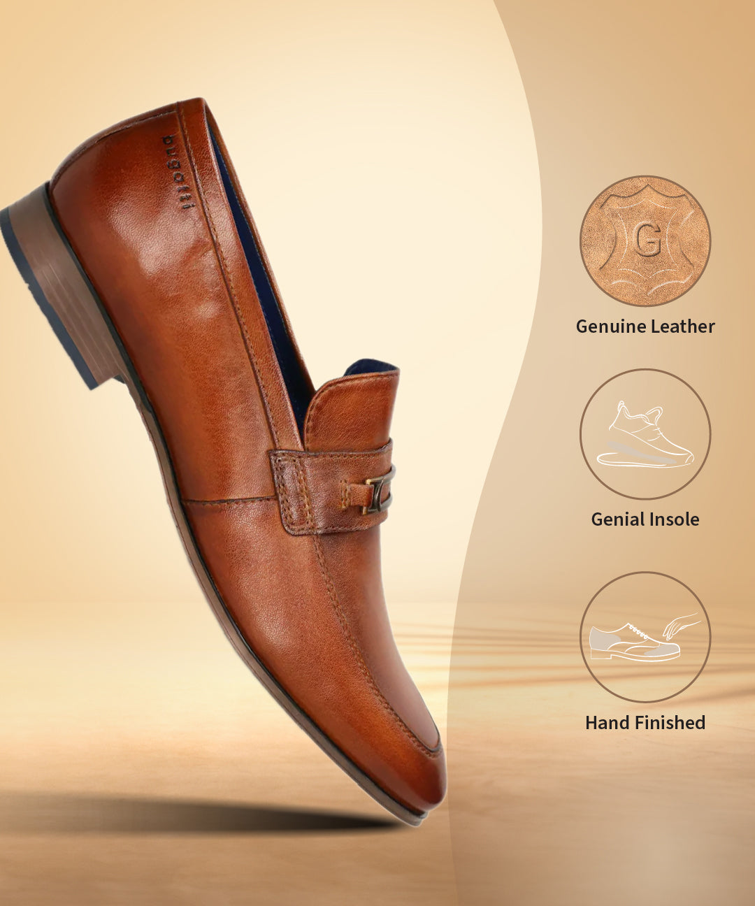 A cognac Men's bugatti Bit Loafer featuring a round toe apron toe, moulded  heel. Made from premium genuine leather with a durable high quality synthetic outsole, this slip-on design offers both style and comfort.
