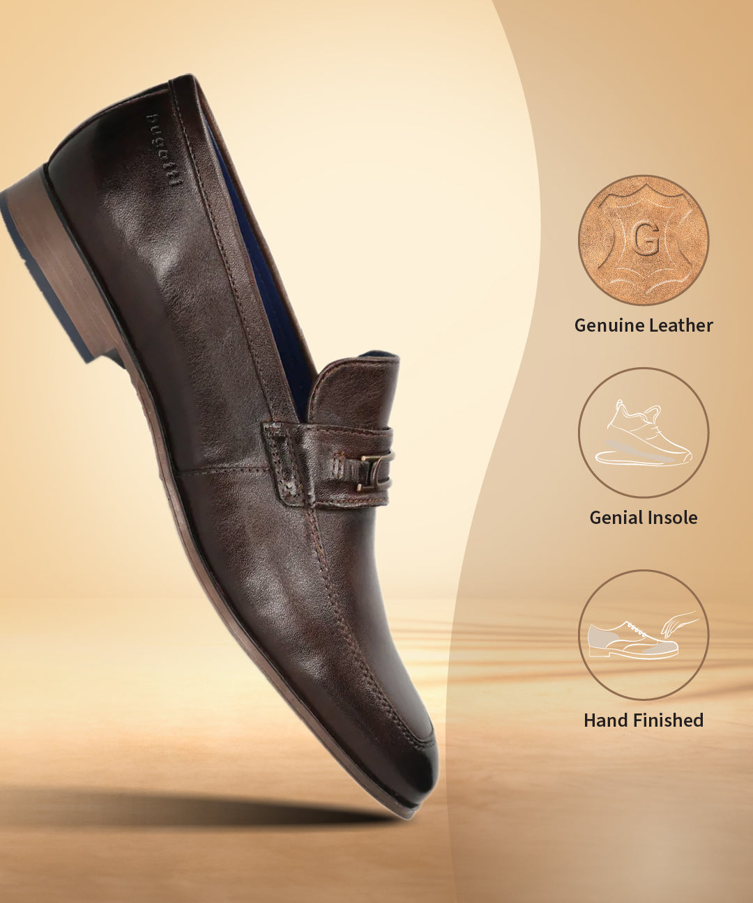 A brown Men's bugatti Bit Loafer featuring a round toe apron toe, moulded  heel. Made from premium genuine leather with a durable high quality synthetic outsole, this slip-on design offers both style and comfort.