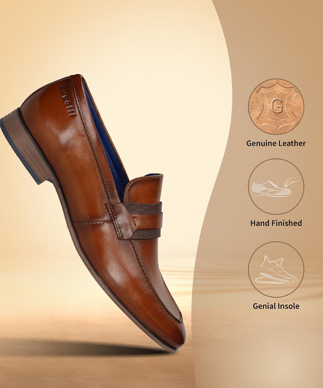 Men's Bugatti penny loafer cognac leather shoes with a round toe and apron toe featuring a moulded heel , a pvc outsole.