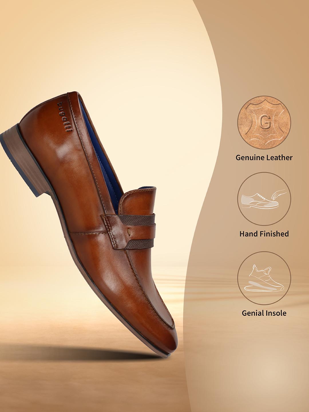 Men's Bugatti penny loafer cognac leather shoes with a round toe and apron toe featuring a moulded heel , a pvc outsole.
