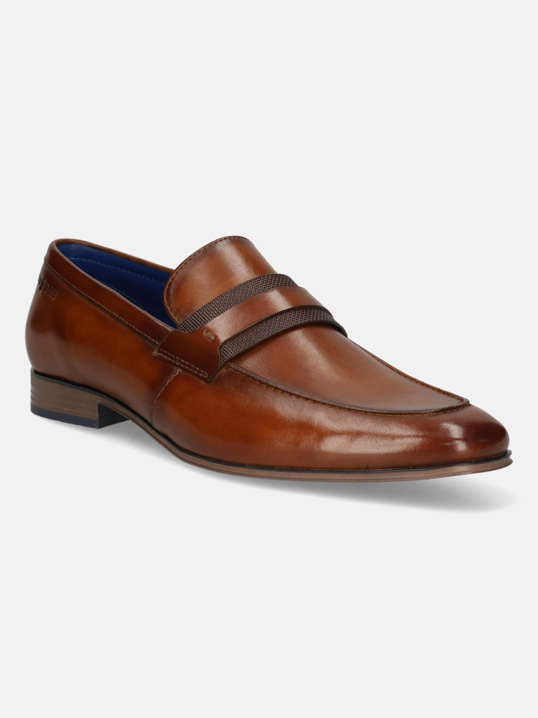 Men's Bugatti penny loafer cognac leather shoes with a round toe and apron toe featuring a moulded heel , a pvc outsole.