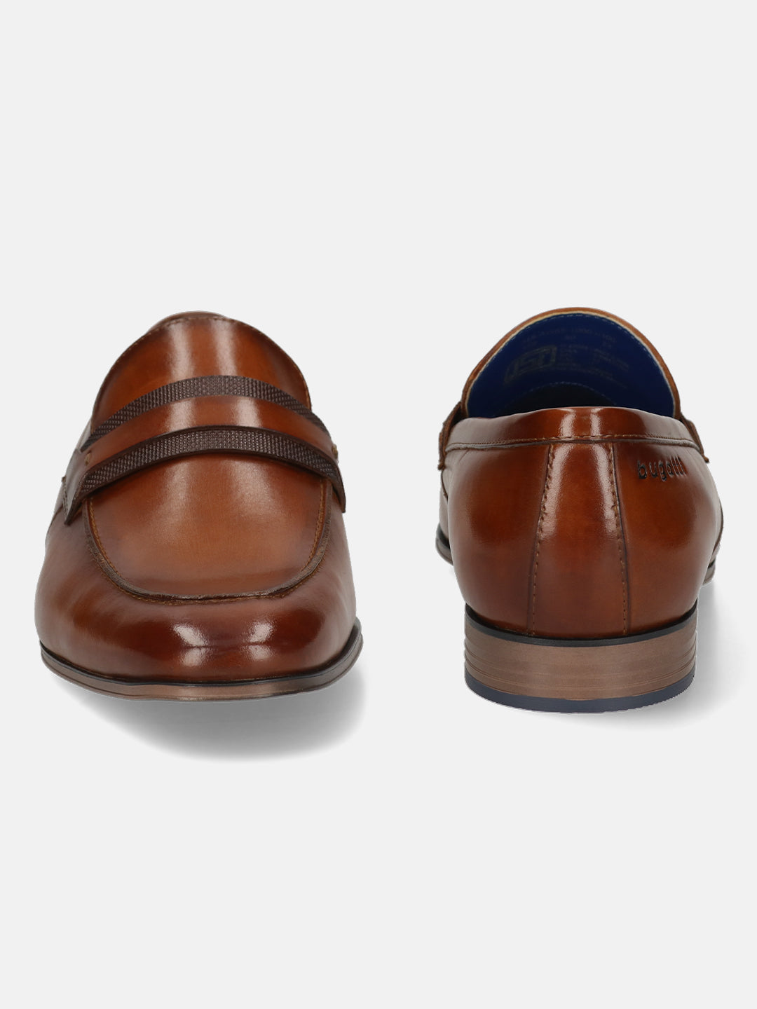 Men's Bugatti penny loafer cognac leather shoes with a round toe and apron toe featuring a moulded heel , a pvc outsole.