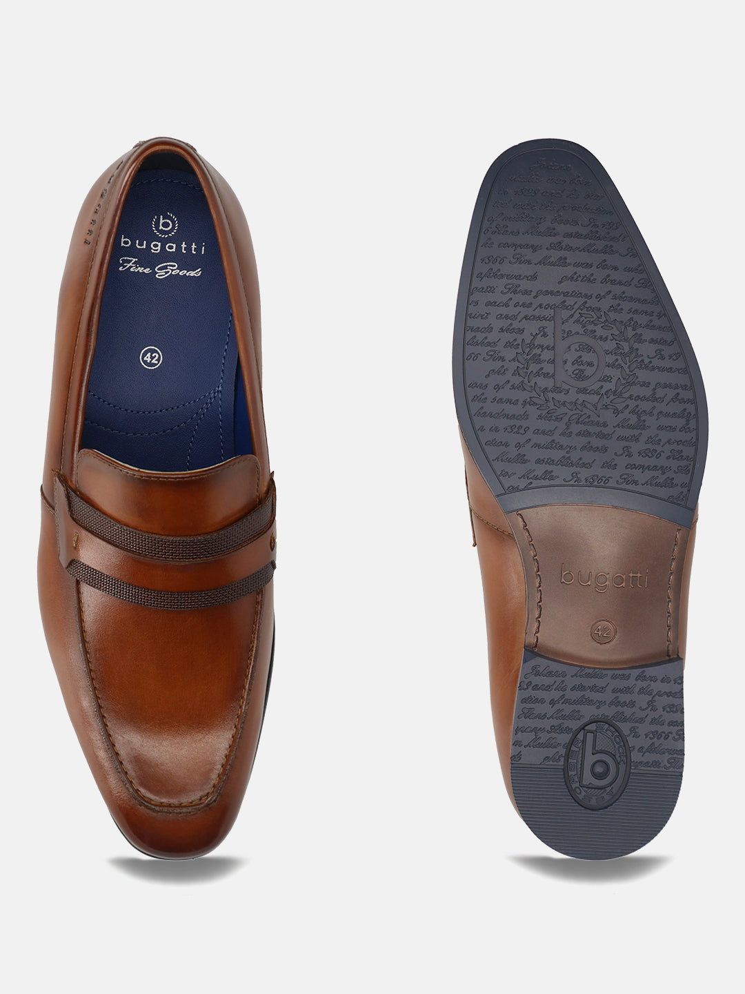 Men's Bugatti penny loafer cognac leather shoes with a round toe and apron toe featuring a moulded heel , a pvc outsole.