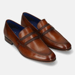 Men's Bugatti penny loafer cognac leather shoes with a round toe and apron toe featuring a moulded heel , a pvc outsole.
