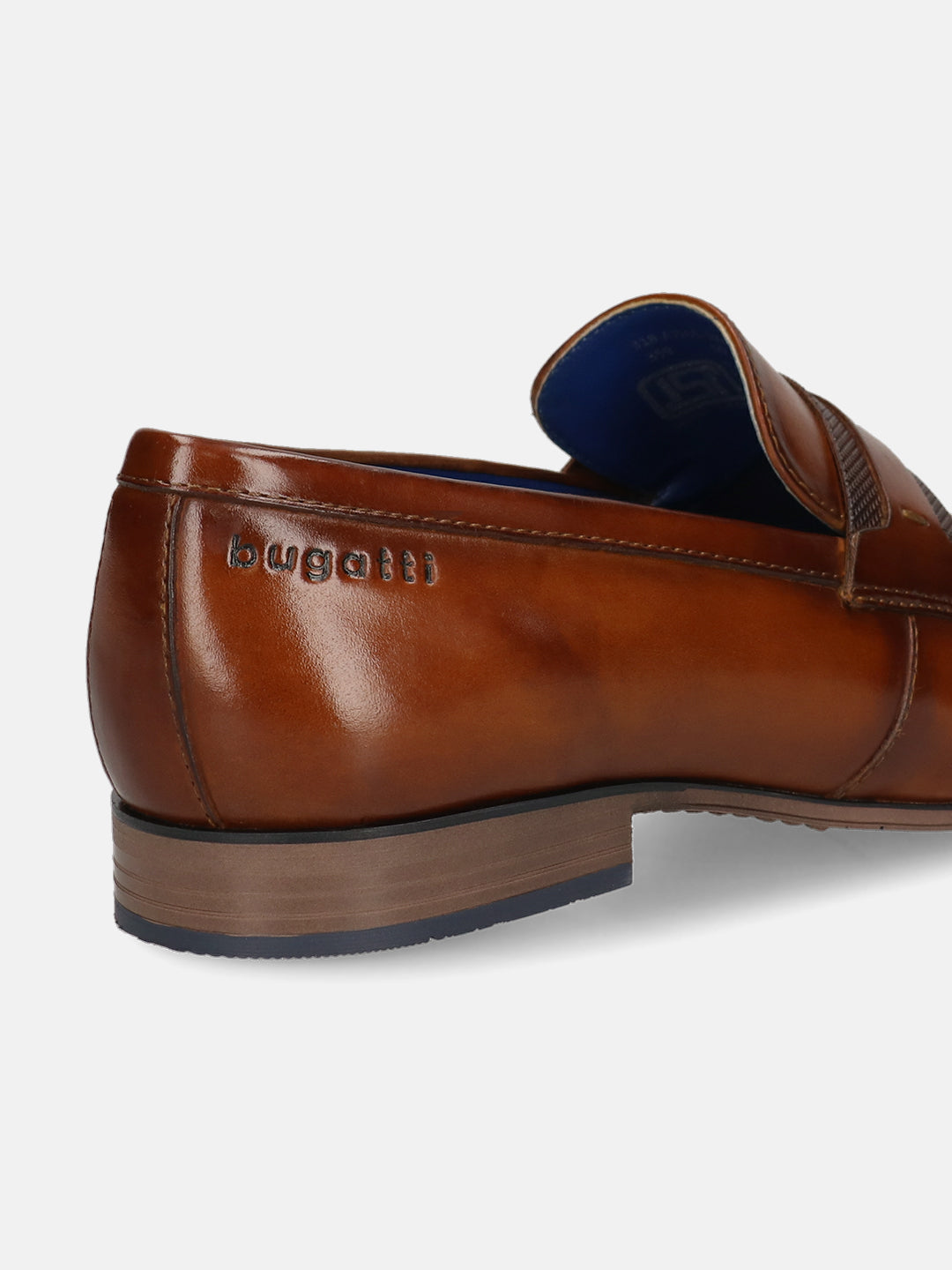 Men's Bugatti penny loafer cognac leather shoes with a round toe and apron toe featuring a moulded heel , a pvc outsole.