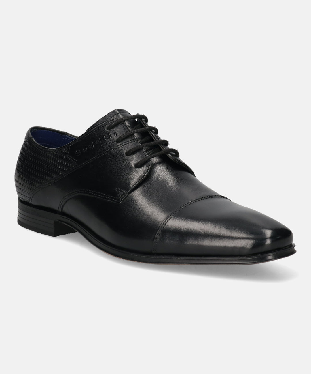 A black Men's bugatti Derby featuring a round toe cap toe, stacked heel. Made from premium genuine leather with a durable high quality synthetic outsole, this laces design offers both style and comfort.