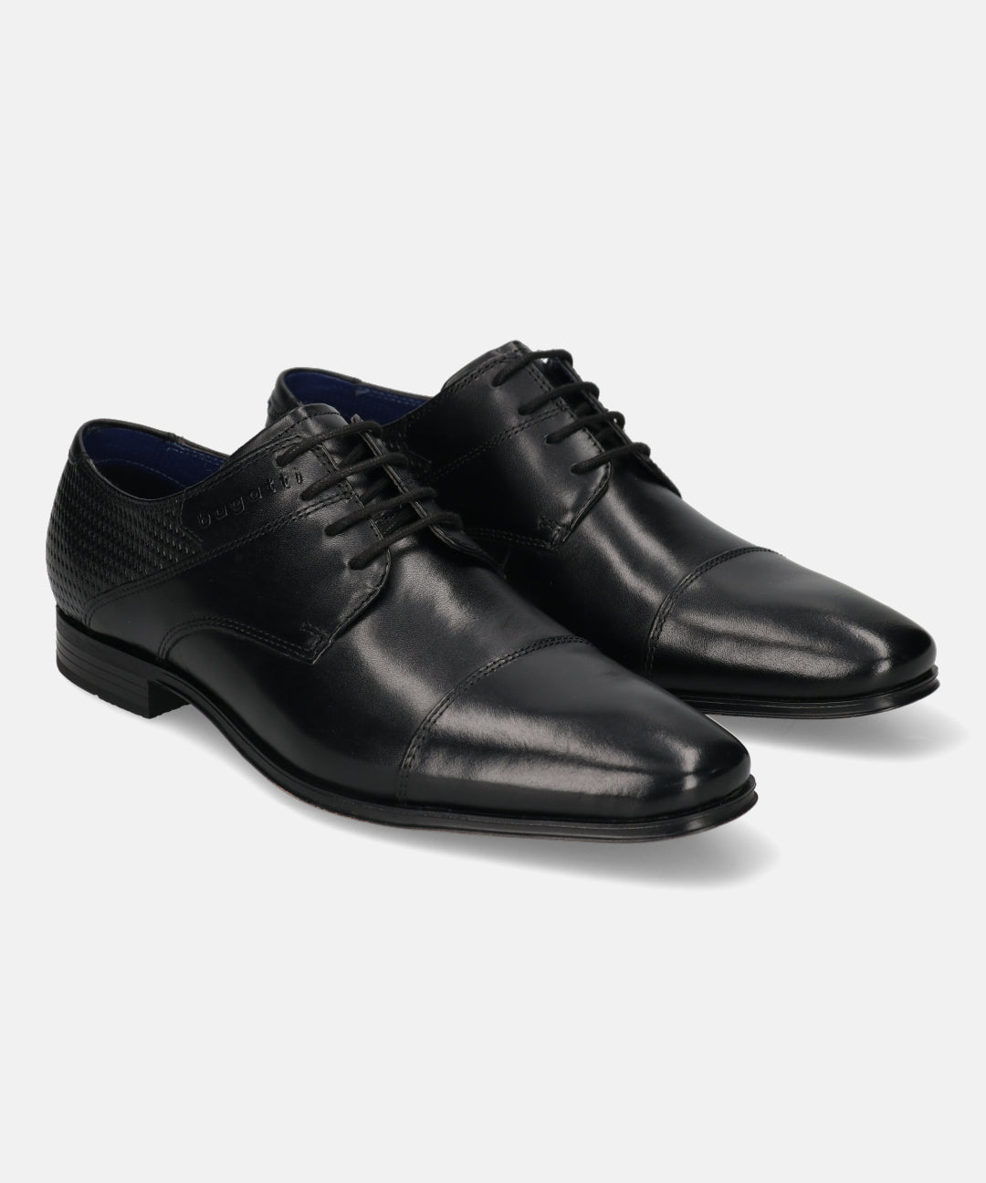 A black Men's bugatti Derby featuring a round toe cap toe, stacked heel. Made from premium genuine leather with a durable high quality synthetic outsole, this laces design offers both style and comfort.
