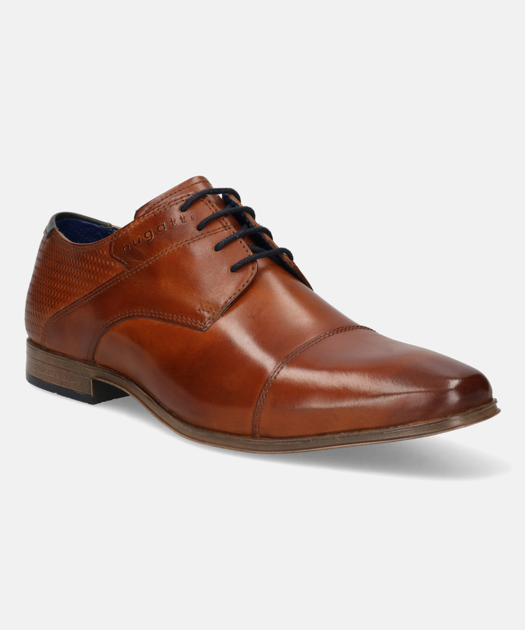 A cognac Men's bugatti Derby featuring a round toe cap toe, stacked heel. Made from premium genuine leather with a durable high quality synthetic outsole, this laces design offers both style and comfort.