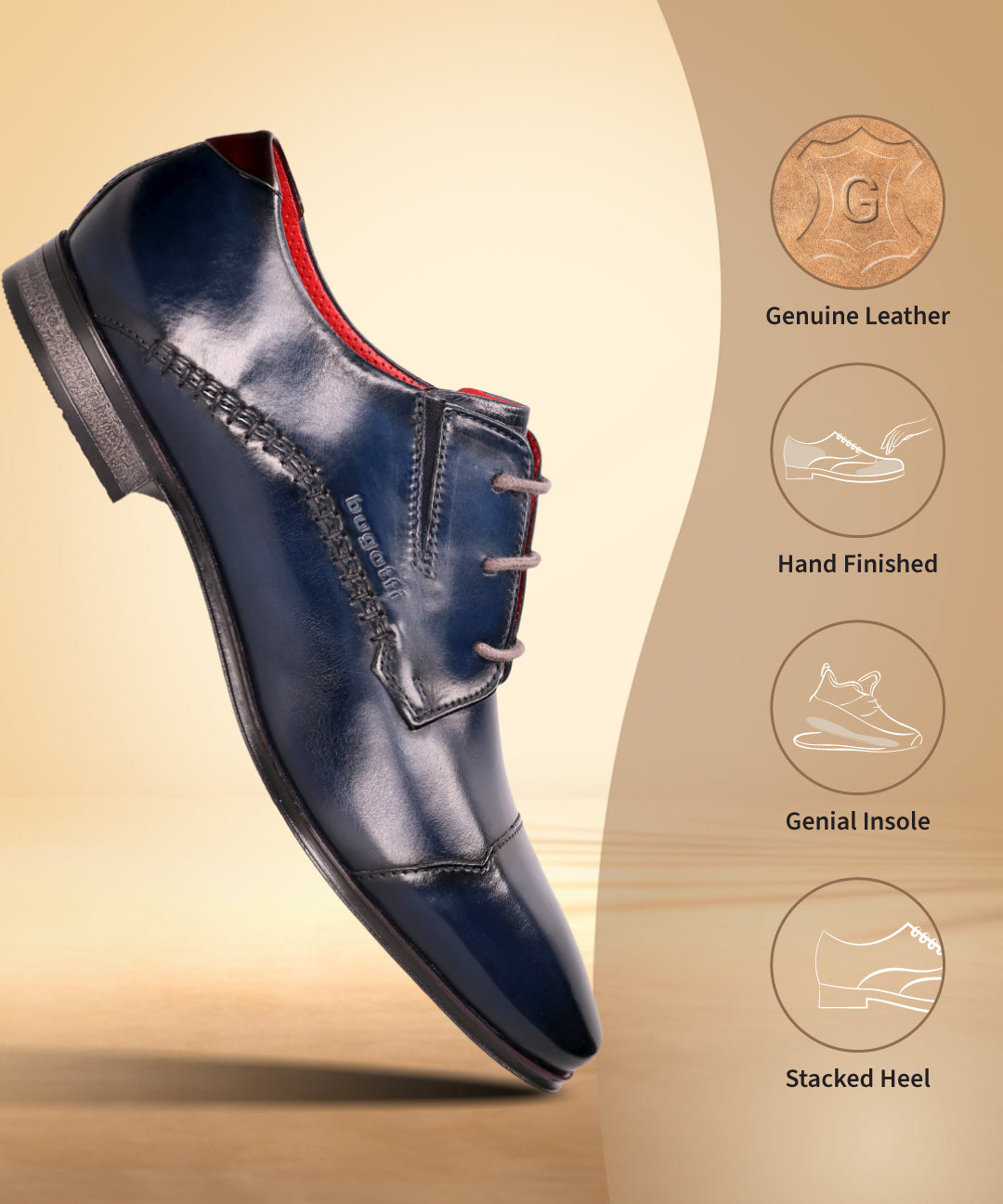 bugatti Margo dress shoe in blue leather with red lining, featuring brogue detailing and a stacked heel.